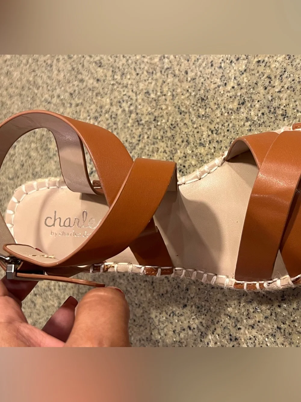 Charles David Cognac Leather Espadrille Wedge Sandals
